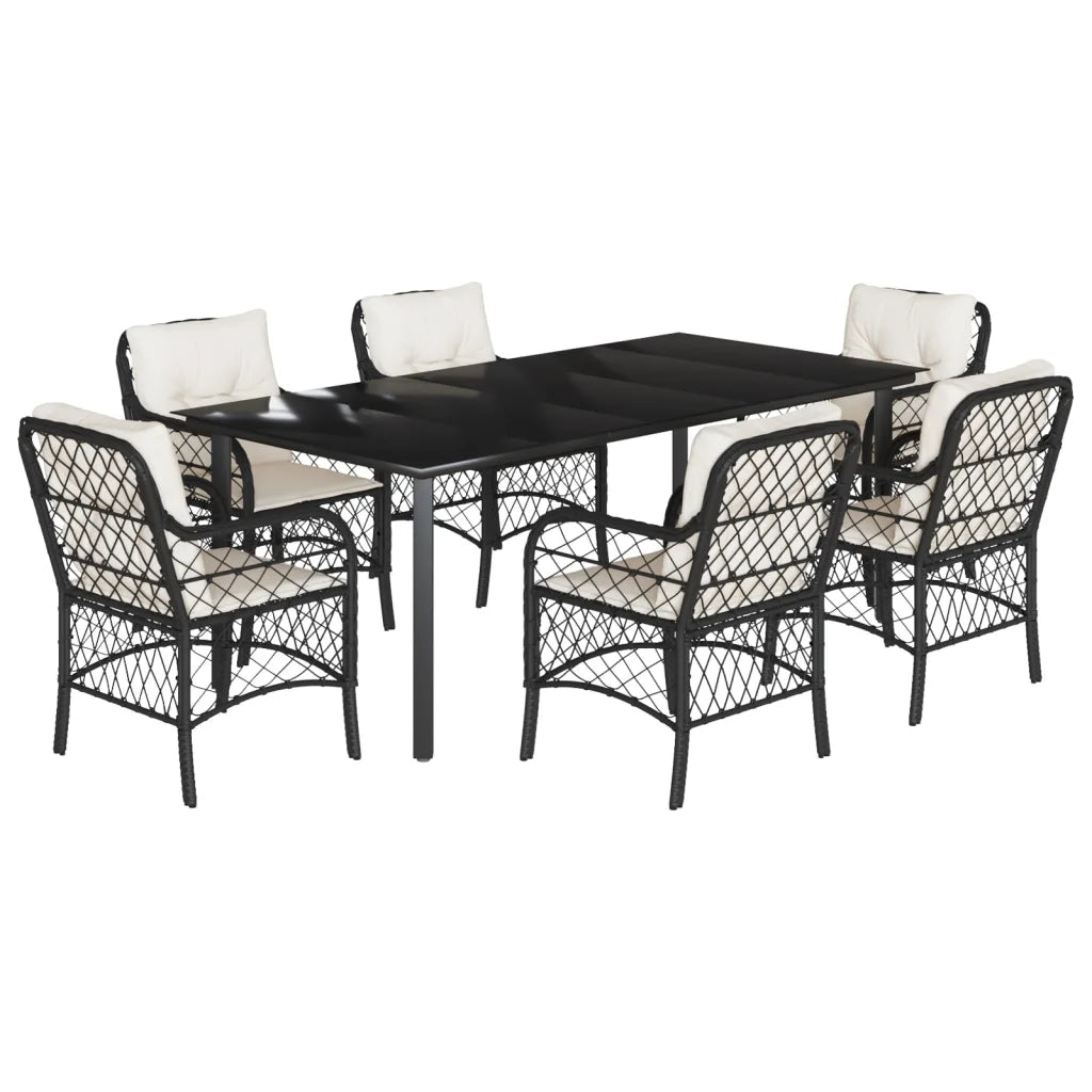 Set da Pranzo da Giardino 7 pz Nero con Cuscini in Polyrattan