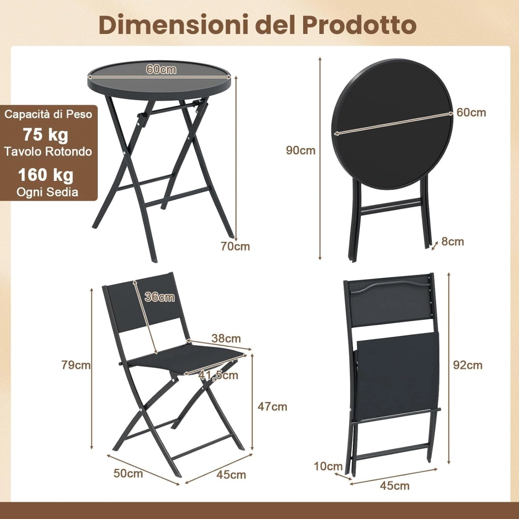 Set Tavolino e Sedie da Giardino Pieghevole, Set Bistro 3 Pezzi, Tavolino con Piano in Vetro Temperato e Metallo, Sedie con Tessuto Textilene Impermeabile, per Balcone, Patio, Piscina