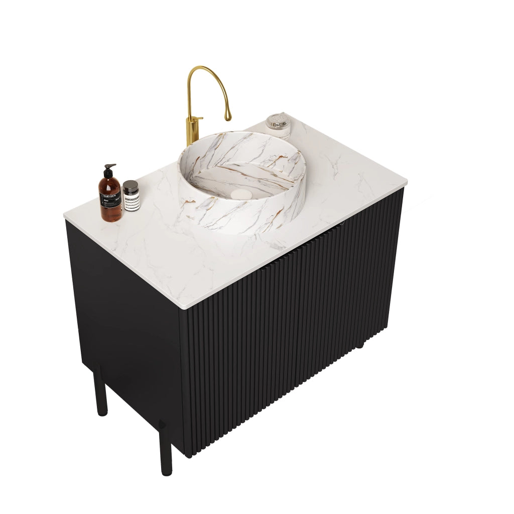 Mobile sottolavabo con lavabo in ceramica e 2 ante soft-close, per bagno, in MDF e pietra sinterizzata, 76 × 48 × 87 cm