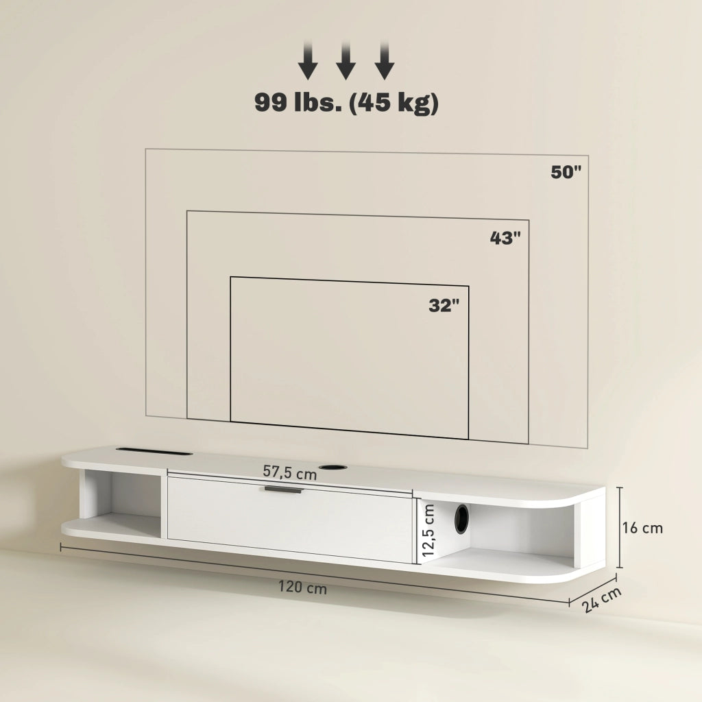 Mobile TV sospeso a parete ¨C Xylo ¨C Bianco con cassetto e 2 ripiani 120x24x16cm