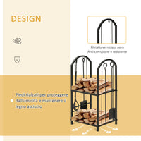 Portalegna per Camino Legnaia a 2 ripiani in Metallo 41,5x32,5x74,5 cm Max 60Kg con attrezzi Nero