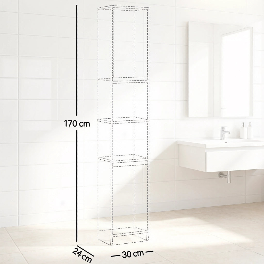 Armadietto da bagno alto e stretto con 2 ante, 2 vani aperti e ripiani regolabili, in MDF e truciolare, grigio rovere