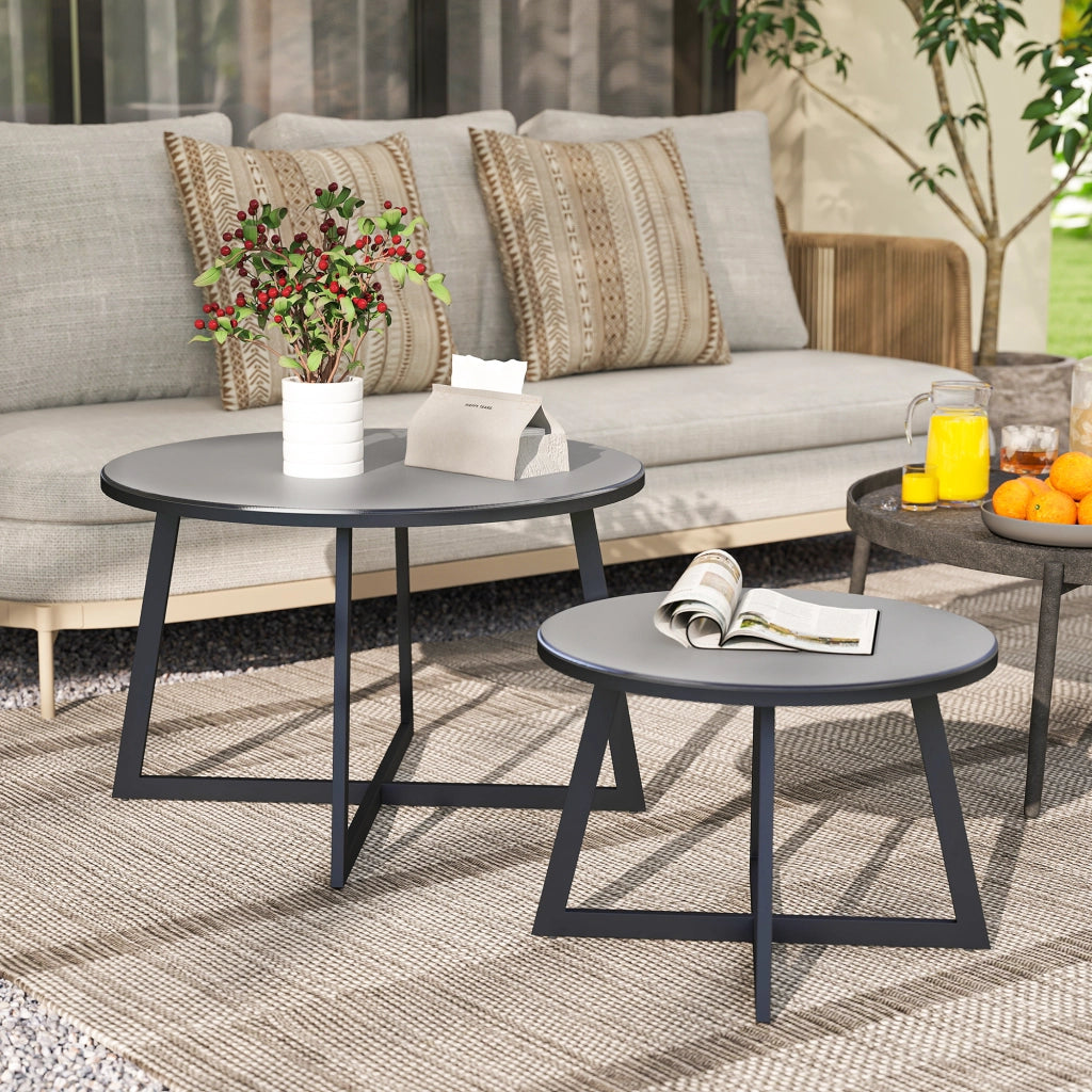 Set 2 Tavolini per Esterni Ø70x45 cm e Ø50x35 cm con Piano in Vetro Grigio