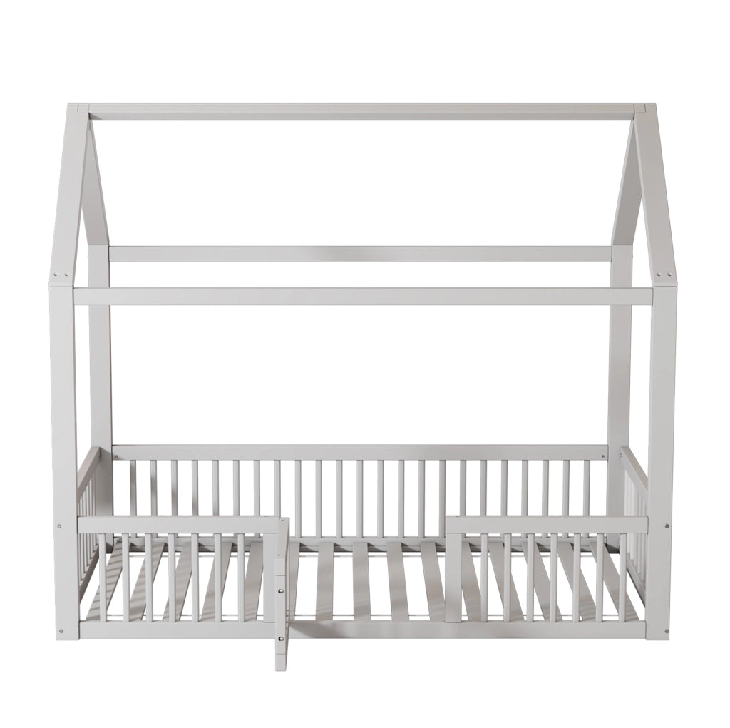 Letto a casetta 90x200 cm; sponde di sicurezza e porta apribile; pino bianco