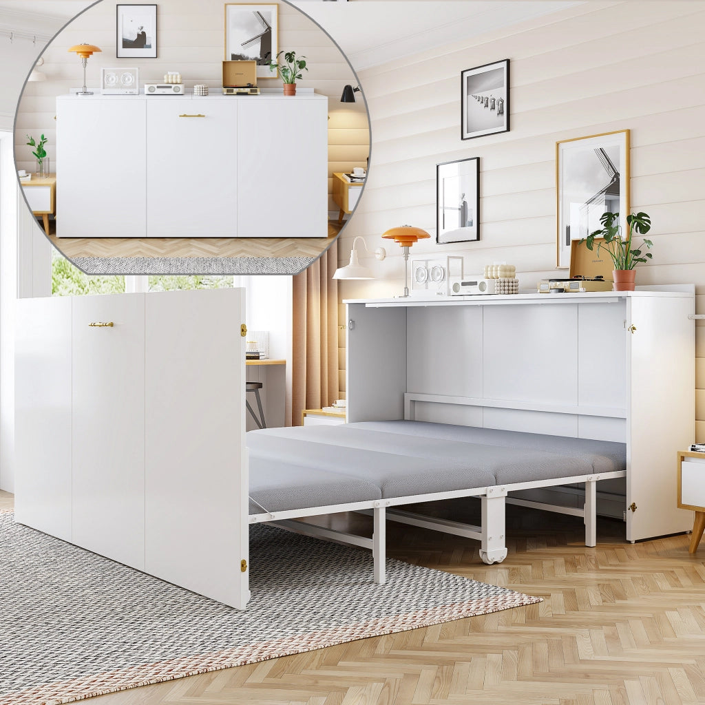Letto a scomparsa 140 × 200 cm con ruote silenziose, materasso incluso, struttura in legno e metallo, bianco