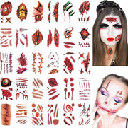 Tatuaggi temporanei per Halloween per corpo e viso, effetti realistici di cicatrici e adesivi sanguinolenti