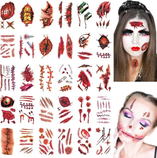 Tatuaggi temporanei per Halloween per corpo e viso, effetti realistici di cicatrici e adesivi sanguinolenti