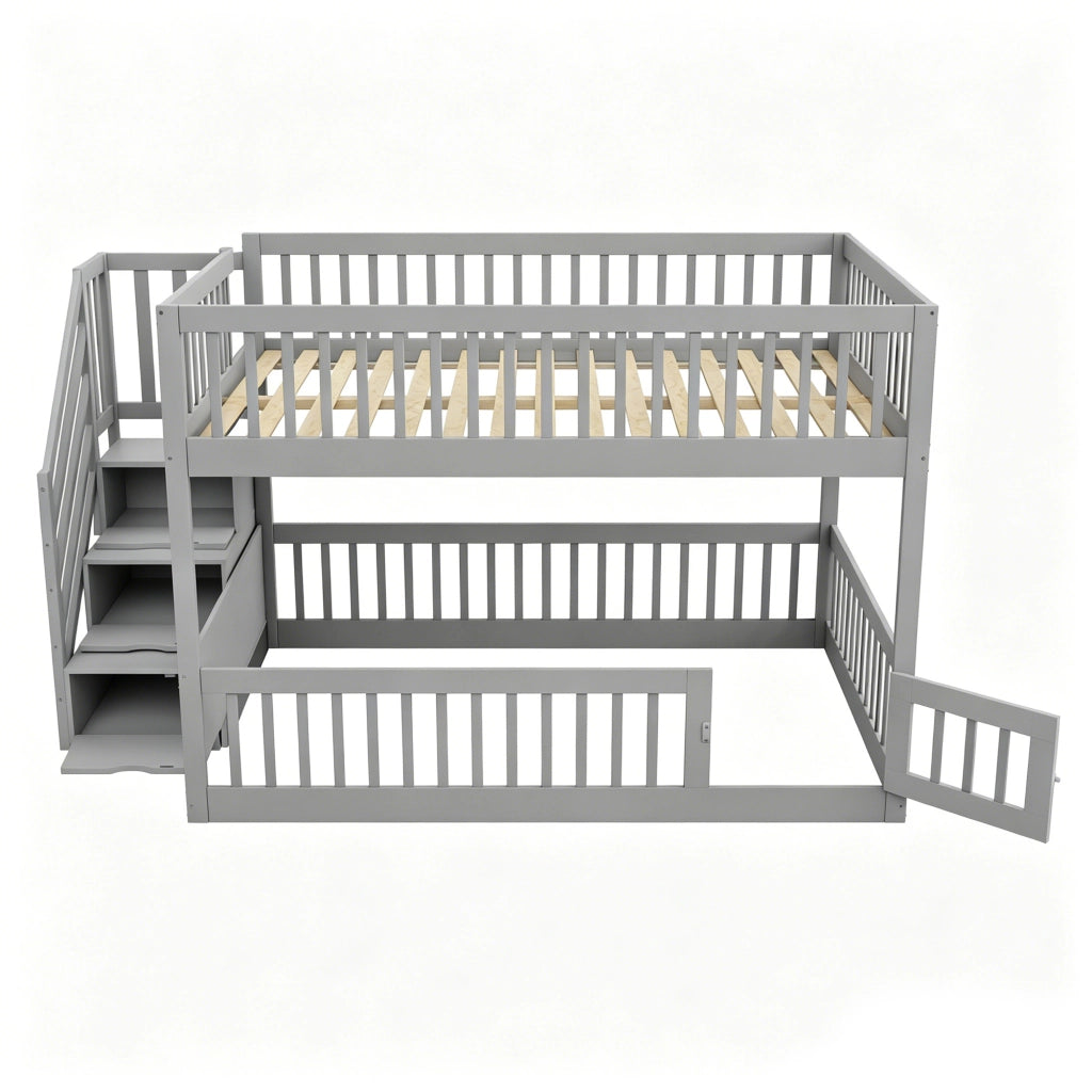 Letto a castello 140 × 200 cm con scala con cassetti e sportello inferiore, senza materasso, in legno massiccio, grigio