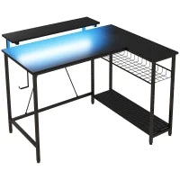 Scrivania Angolare Reversibile con LED, Prese di Corrente e Prese USB, Ripiani e Supporto Monitor, Nero