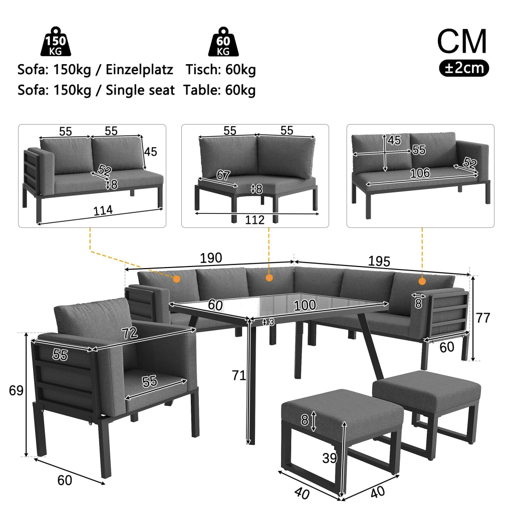 OKWISH Set da 7 Mobili da Giardino con 3 Divani, 1 Poltrona, 2 Sgabelli e 1 Tavolino, Ferro Grigio