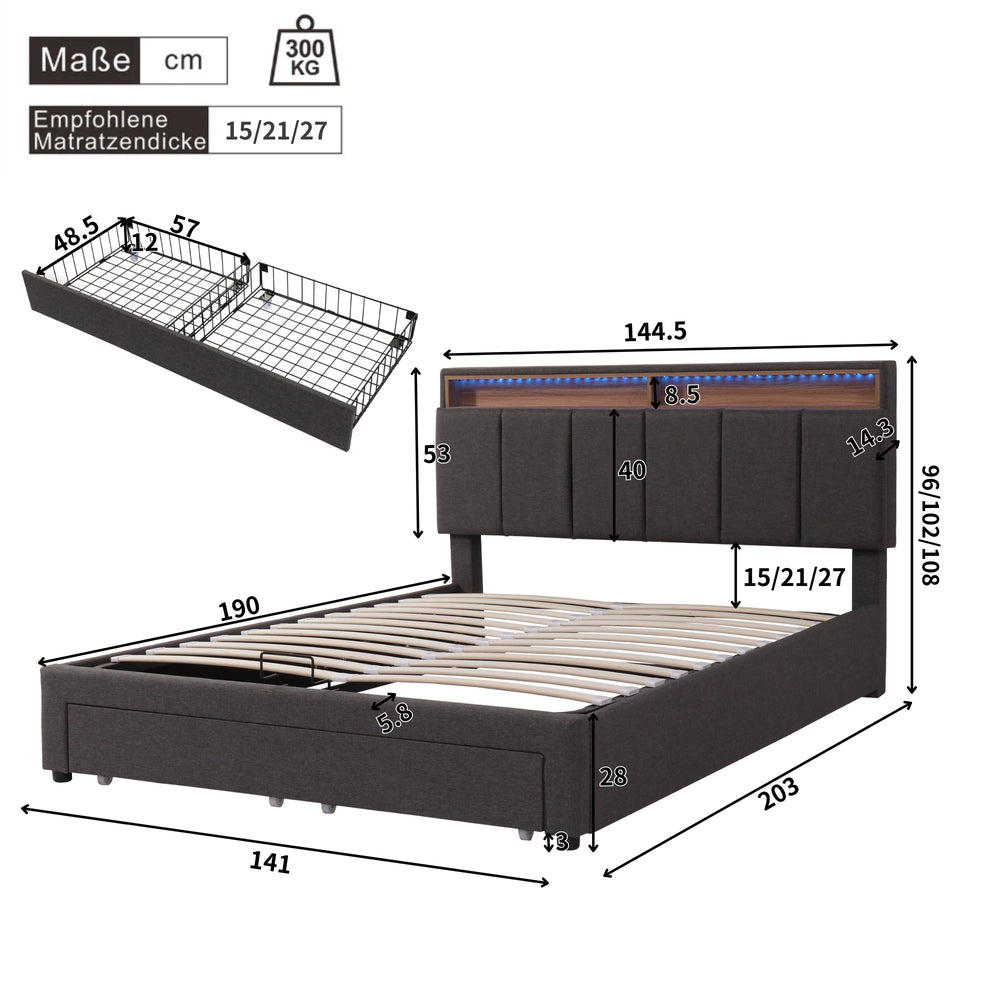 Letto Contenitore Imbottito con LED ¨C MINIMAL ¨C Matrimoniale Grigio 140x190
