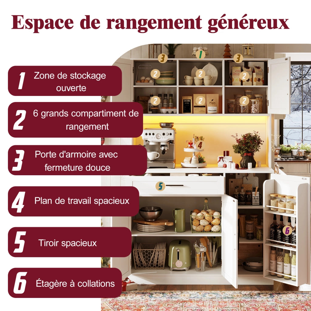 Credenza da Cucina Alta con 5 Ante; LED e Presa Multipla con USB; in MDF; 110 x 38 x 180 cm; Bianca