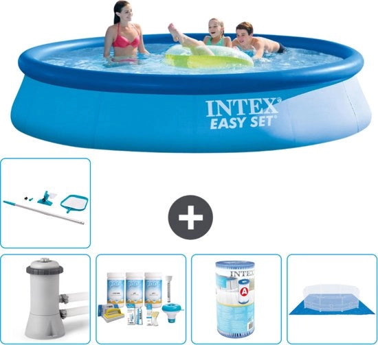 Piscina Rond Opblaasbar Easy Set - 396 x 84 cm - Blu - Inclusa Pomp Kit di Manutenzione - Filtro - Copertura del Terreno - Set di Pulizia - Mat Matita Solare