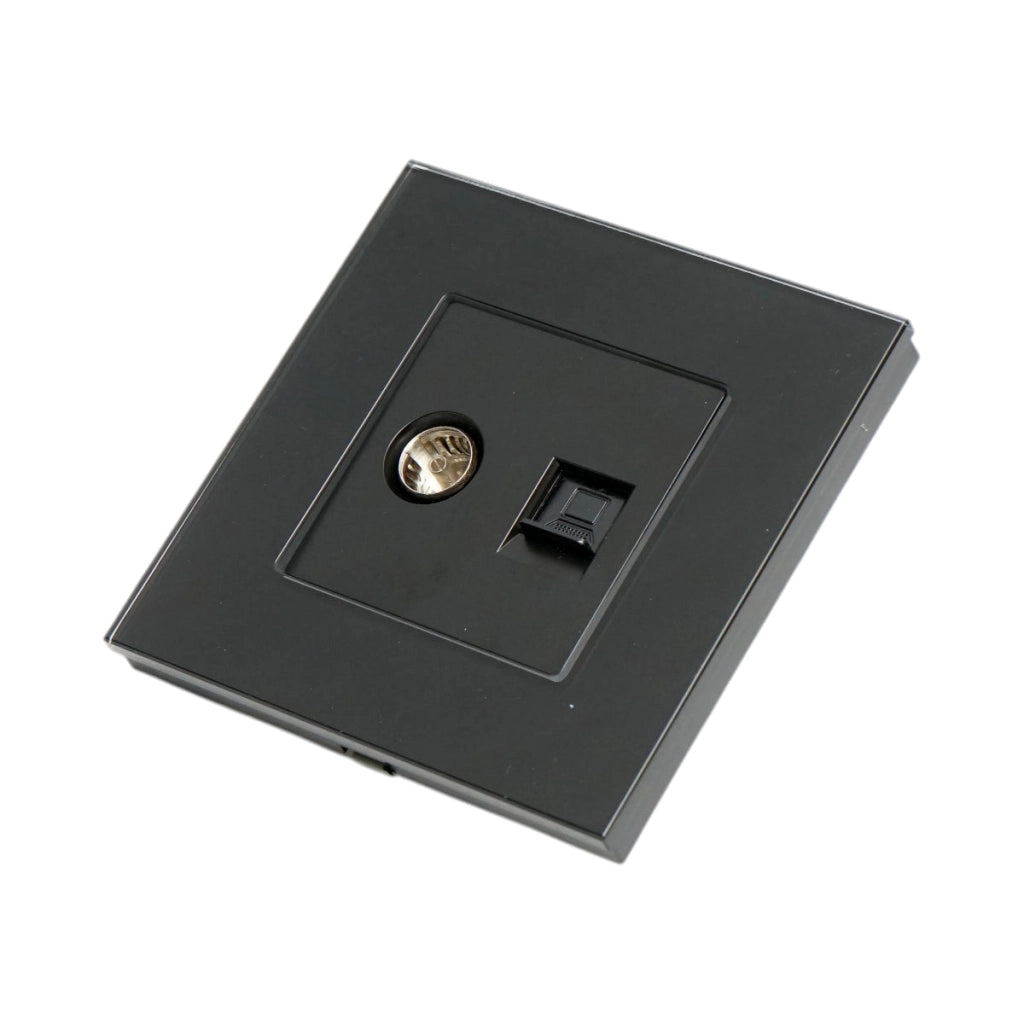 Presa TV + internet CAT5e RJ45, cornice in vetro nero 86x86mm