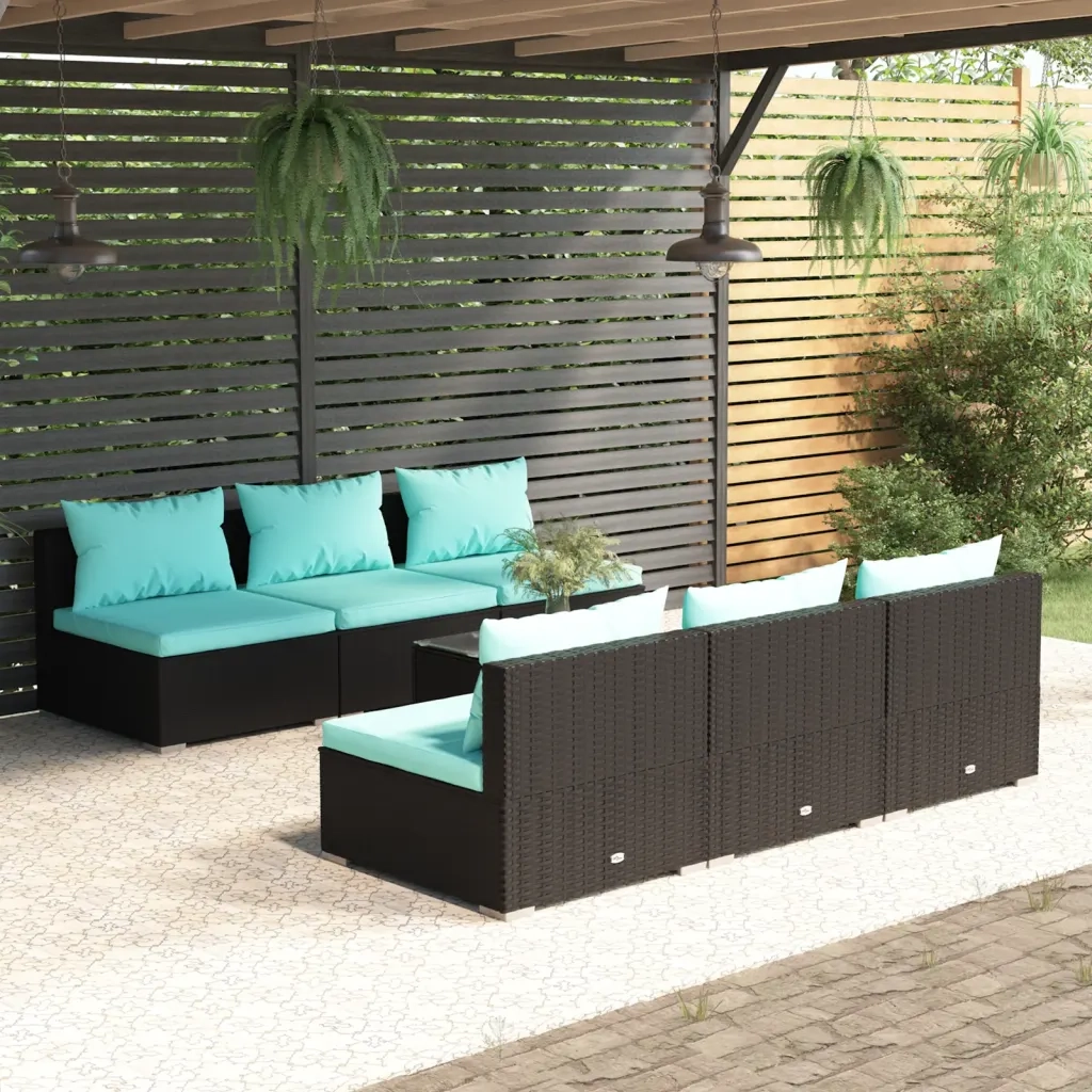Set Salotto da Giardino 7 pz con Cuscini in Polyrattan Nero cod mxl 34557