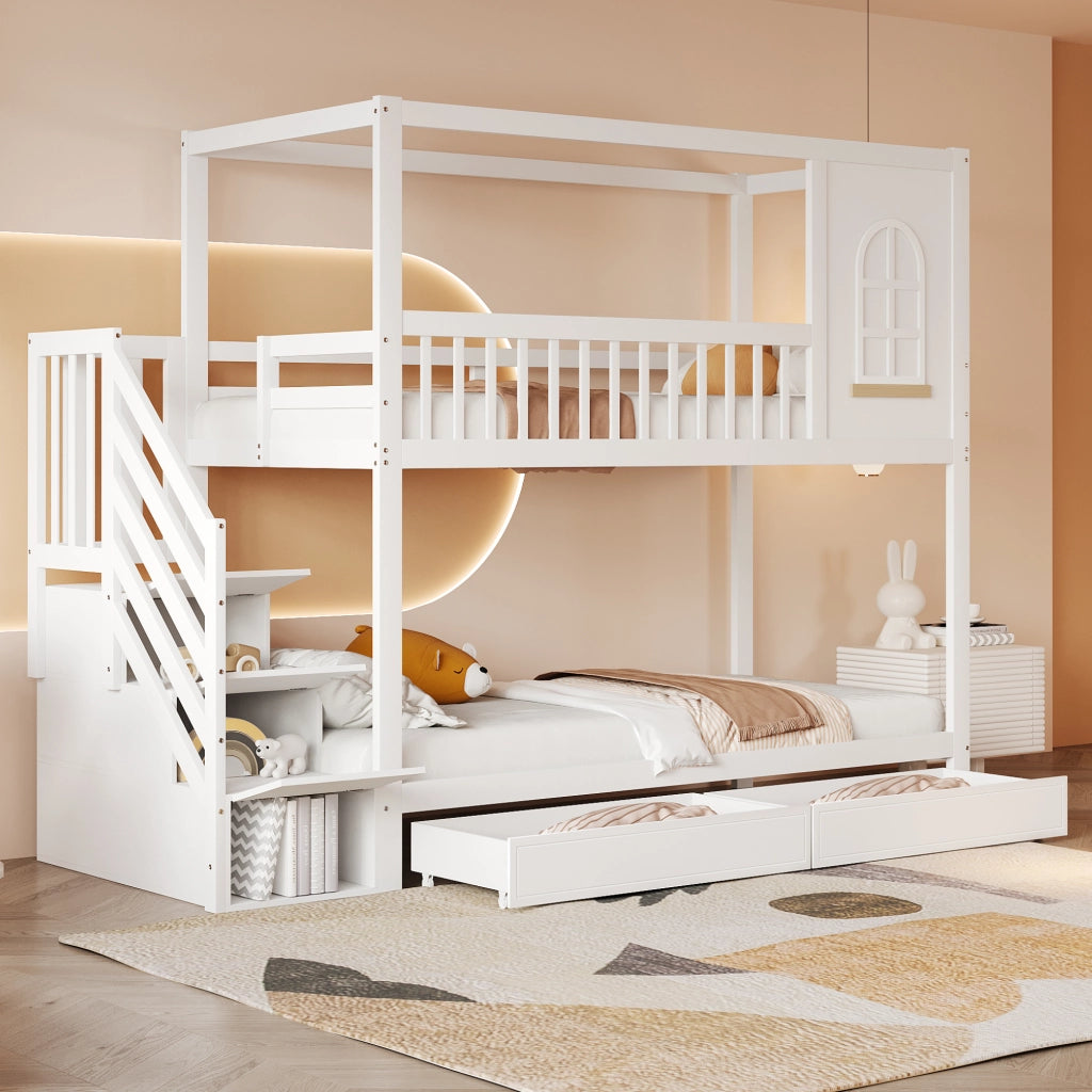 Letto a castello funzionale in legno bianco 90x200 cm