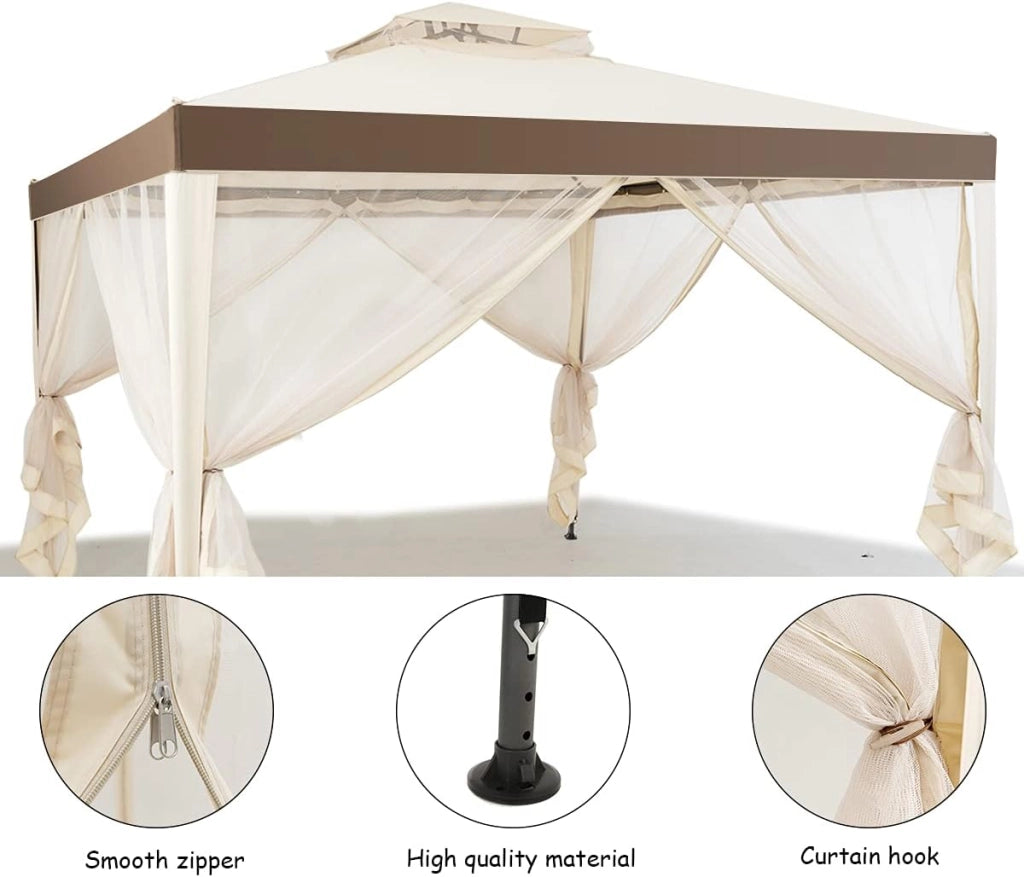 3 x 3M Gazebo da Giardino, con Tetto e Tende di Struttura in Acciaio, 4 Tende Laterali, Ventilazione e Zanzariere, Traspirante e Comodo per Parco/Giardino/Balcone, 2 Colori (beige)