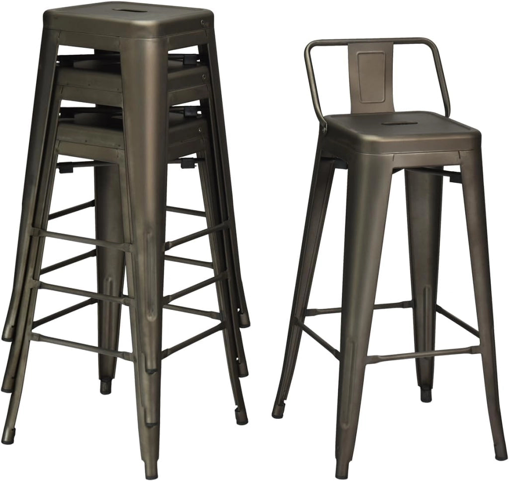 Set di 4 Sgabelli da Bar con Schienale da 94 cm, Sgabelli in Metallo Impilabili con Poggiapiedi per Cucina, Sala da Pranzo e Bar (Marrone)