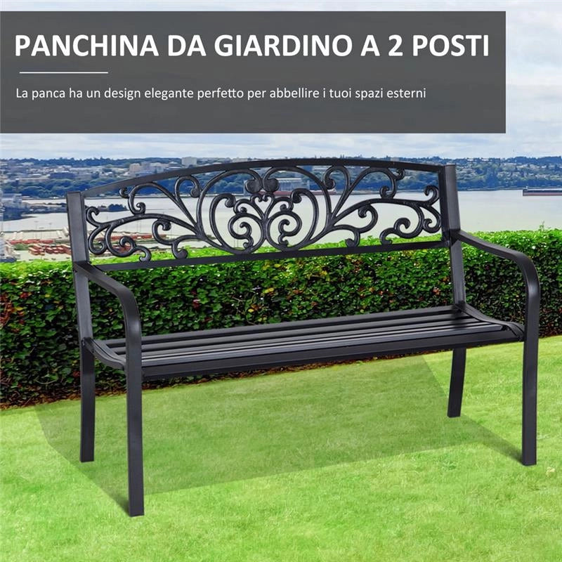 PANCHINA DA GIARDINO CON SCHIENALE DECORATO 127 X 60 X 87 CM METALLO NERO