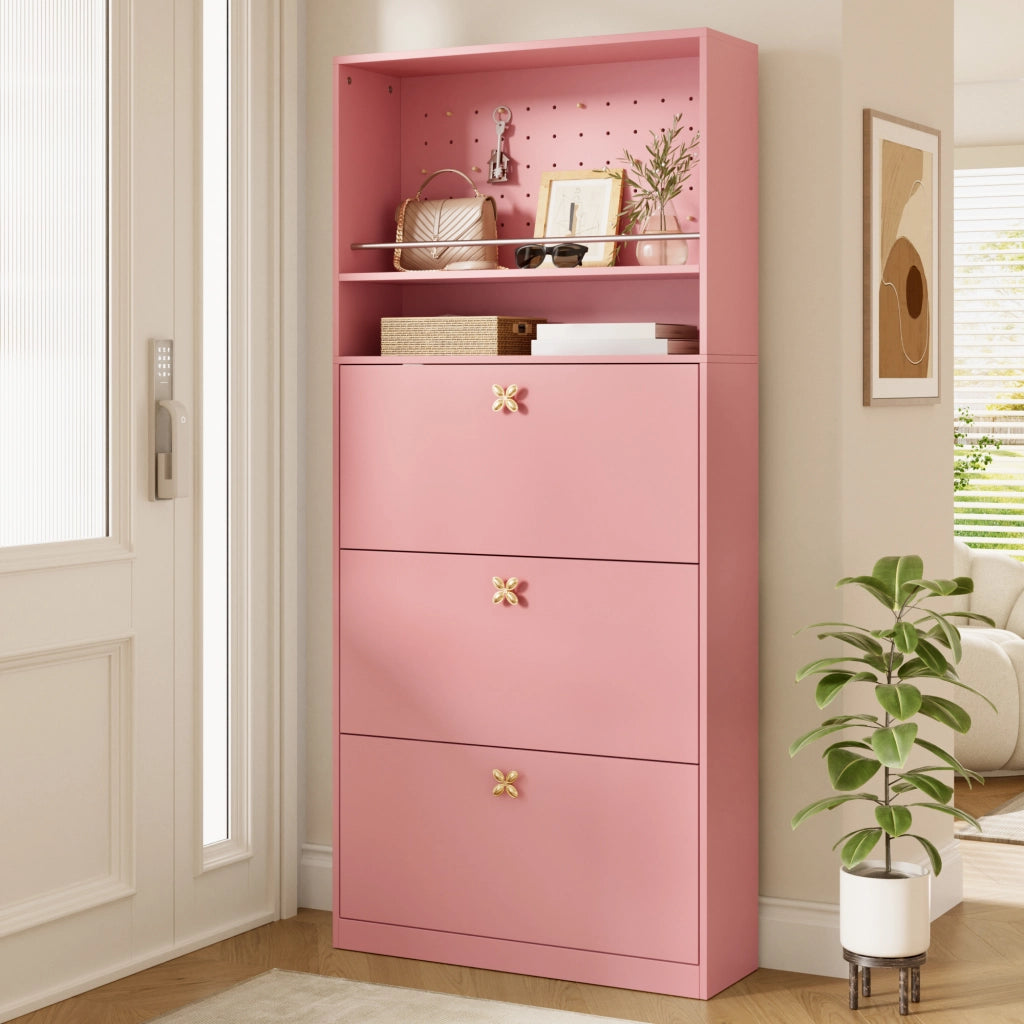 Scarpiera alta e stretta con 3 vani a ribalta, vano aperto superiore e cassetti, colore rosa, 80 ¡Á 24 ¡Á 178,5 cm