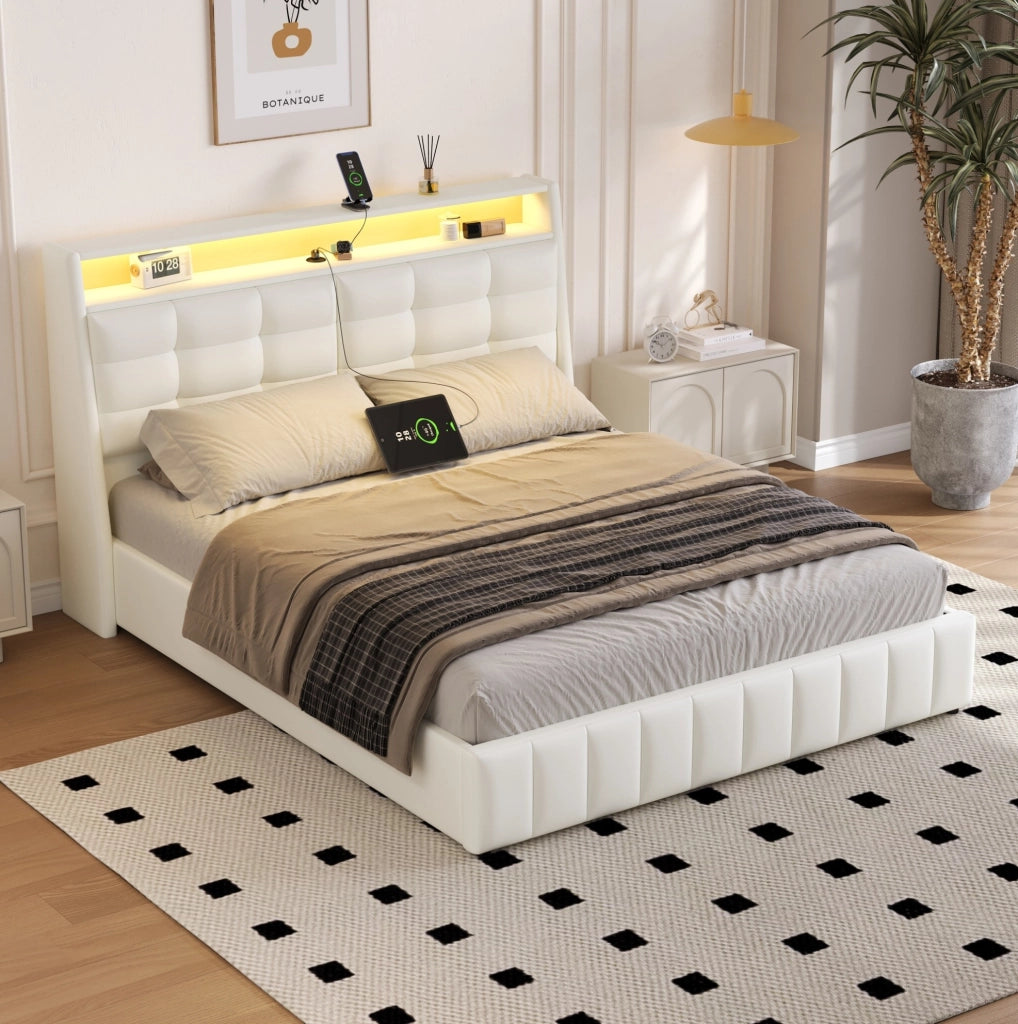 LETTO piattaforma 160x200 cm bianco con LED, USB, contenitore e schienale regolabile