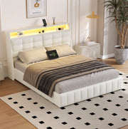 LETTO piattaforma 160x200 cm bianco con LED, USB, contenitore e schienale regolabile