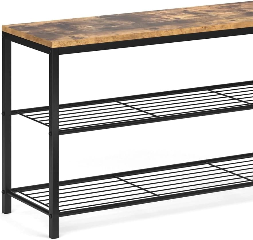 Panca scarpiera da ingresso Fyrk, Legno antico, 100 x 51.5 cm, con due ripiani per una conservazione ordinata delle scarpe