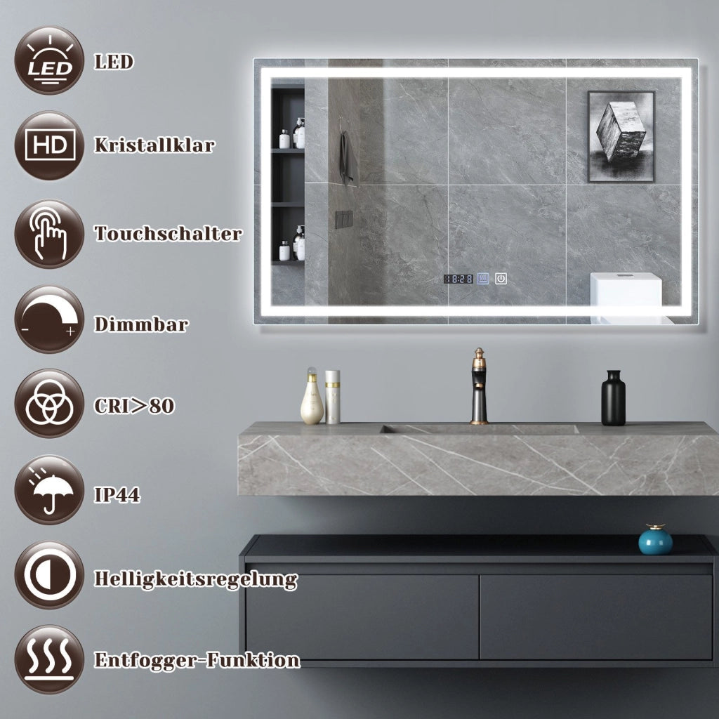 ZMH Specchio da Bagno con Luce LED a Parete IP44 con Interruttore Touch e Funzione Antivapore 3000K-6500K 100x60 cm