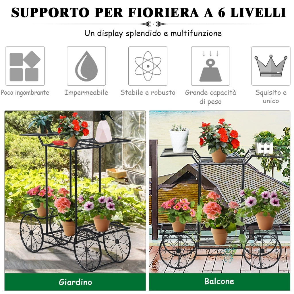 Scaffale di metallo a forma di carrello per piante e fiori, Espositore piante con 6 livelli da interno ed esterno, Nero