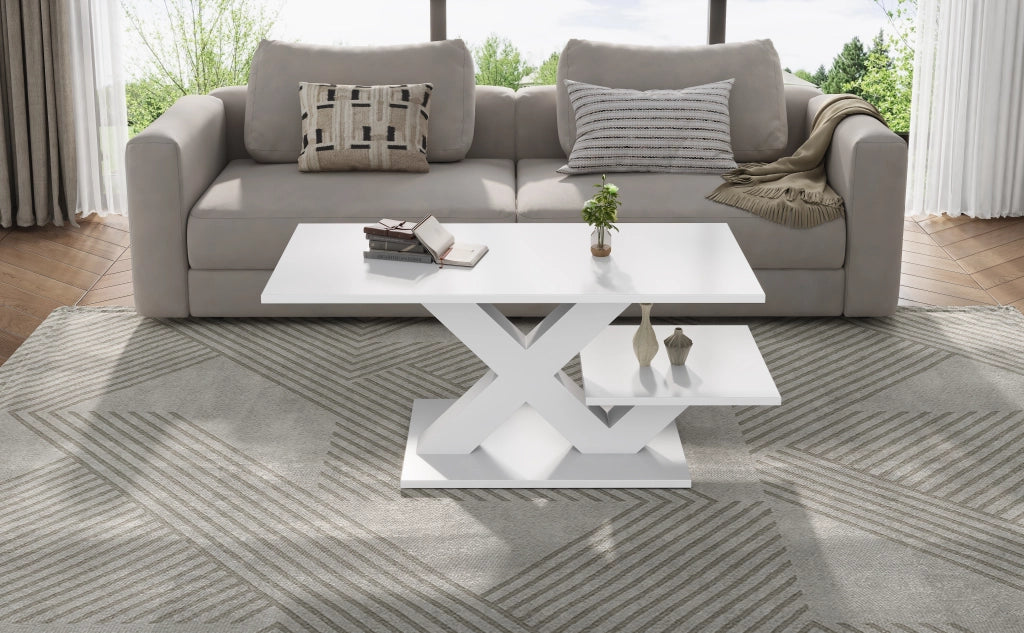 Tavolino basso rettangolare con doppio piano e struttura a x, in MDF lucido, per soggiorno, bianco 100 × 48 × 45 cm