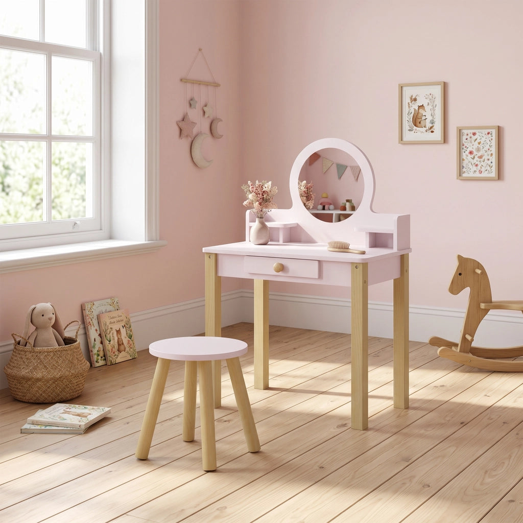 Set Toeletta Trucco per Bambina 55x34x82 cm con Sgabello Specchio e Cassetto in Legno Rosa