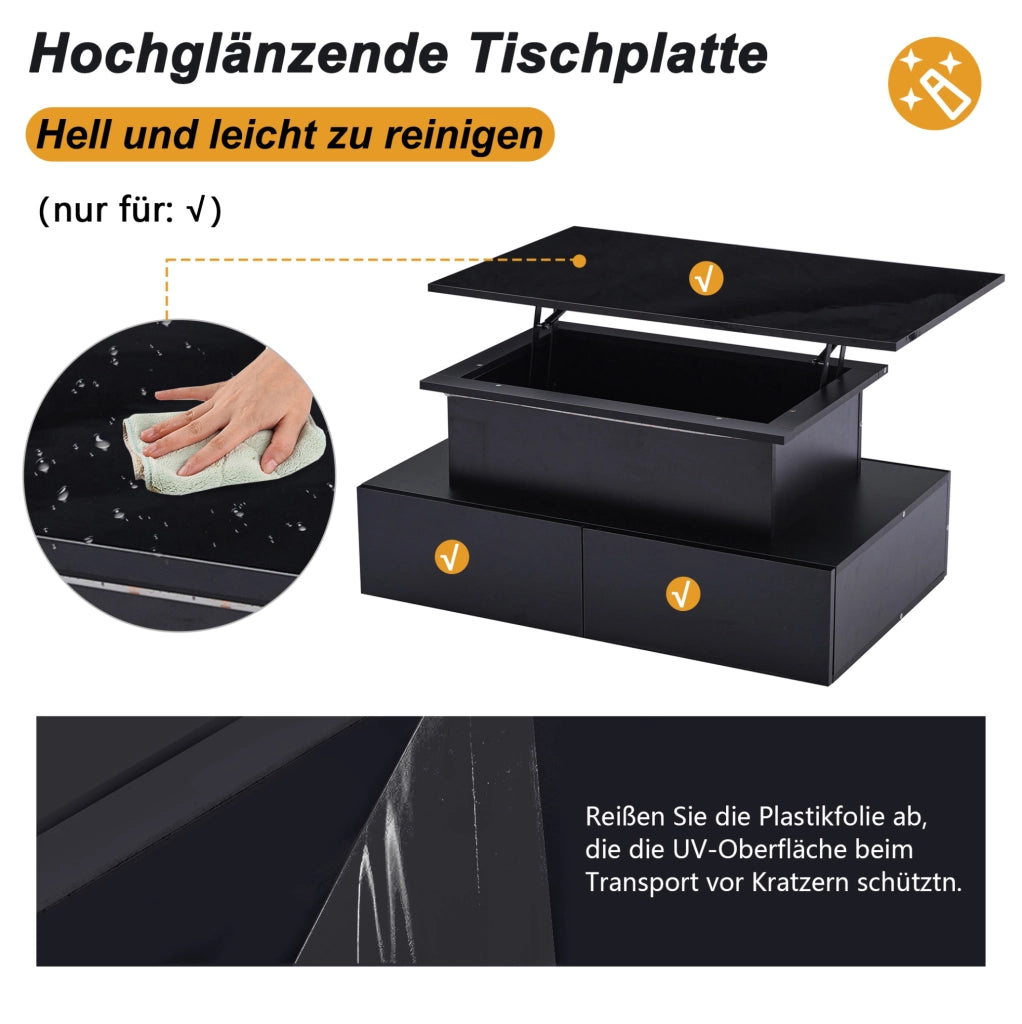 Tavolino da caffè nero lucido con LED, 4 cassetti e piano estraibile