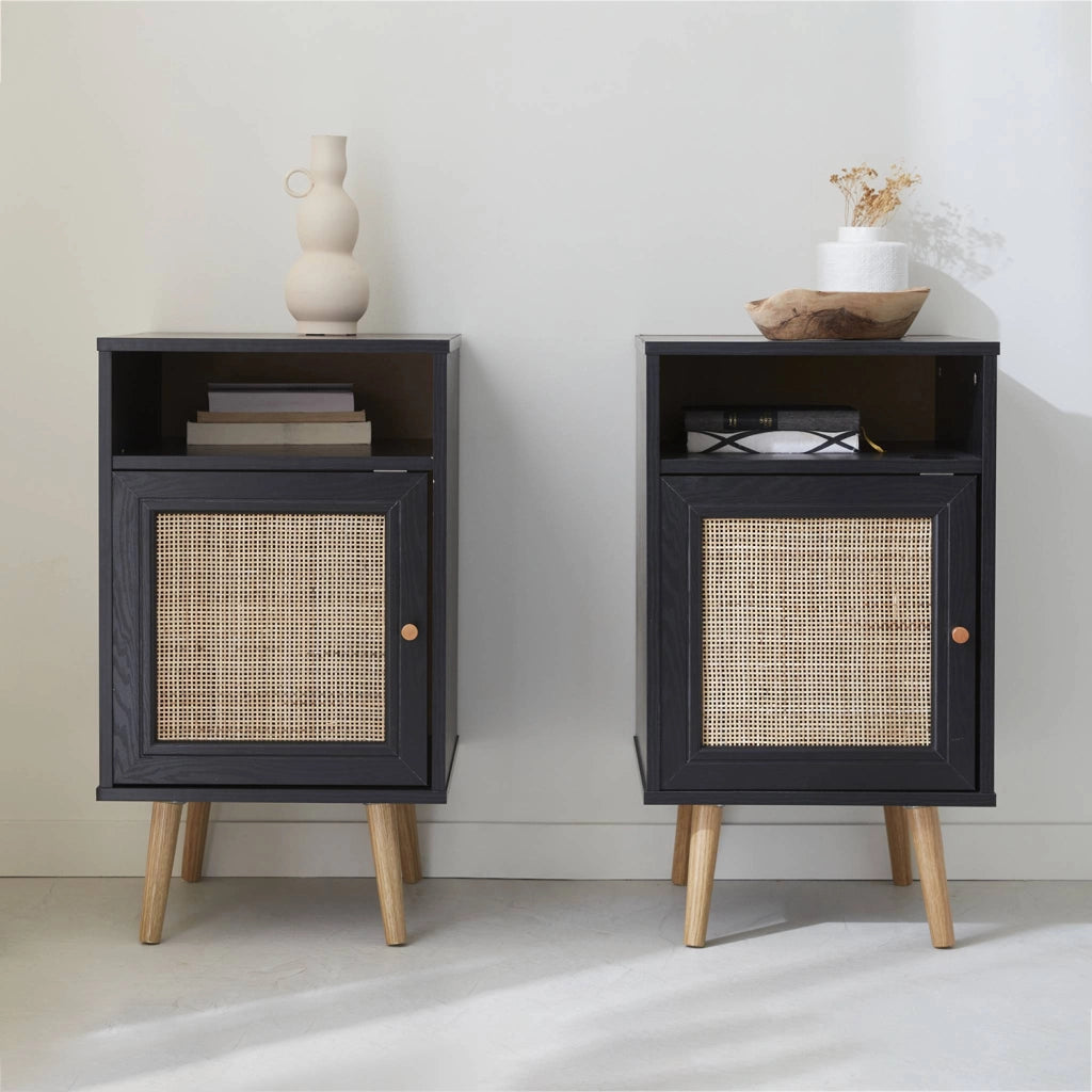 Set 2 comodini scandinavi in intrecciatura cannage, nero