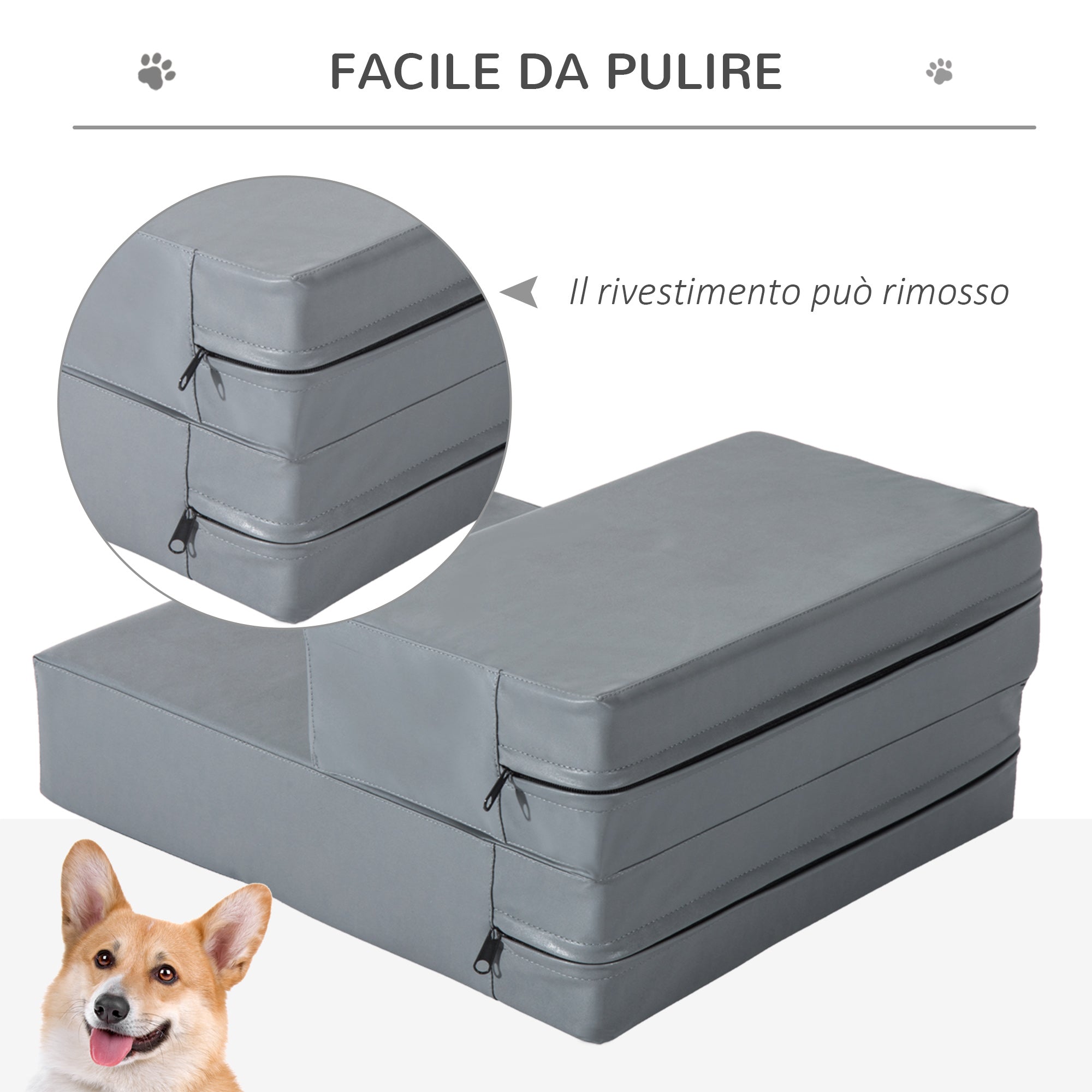 Scaletta per Cani Materassino 2 in 1 45x39x20 cm in PU e Gommapiuma Grigio
