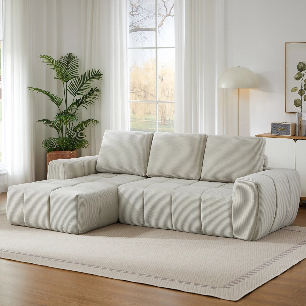 Divano angolare modulare con design capitonné e forma flessibile, senza montaggio, in velluto a coste beige