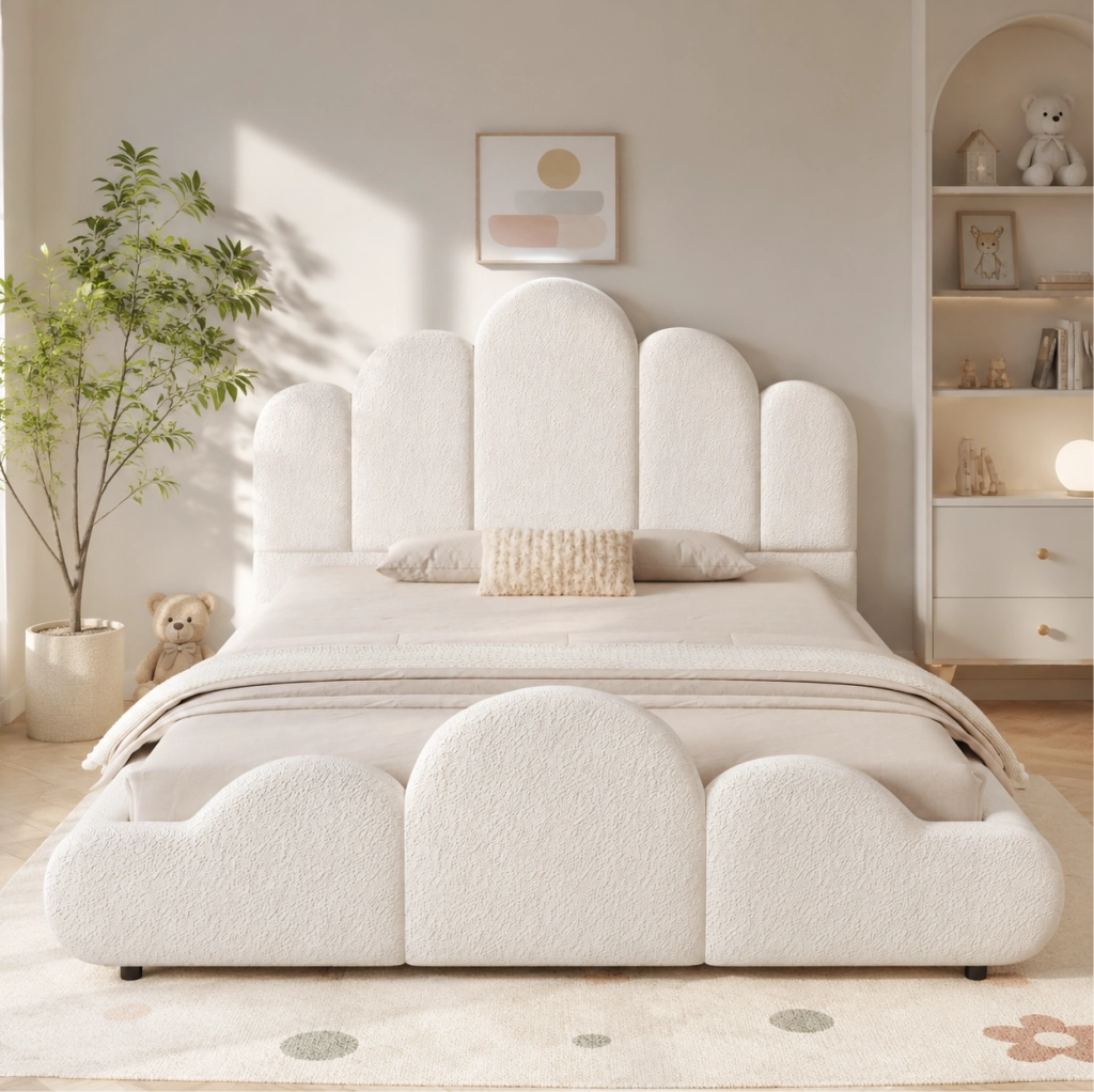 Letto imbottito 140x200 cm con rete; design a nuvola in bouclé beige
