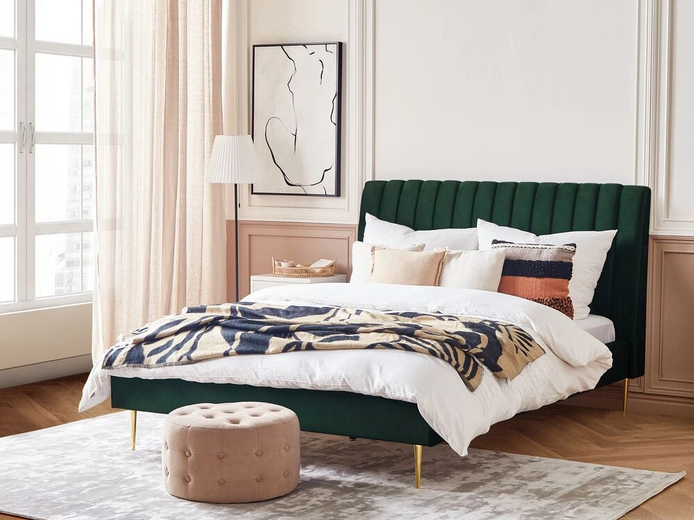 Letto imbottito velluto verde smeraldo e oro rete a doghe testiera alta 180 x 200 cm testata alta design retrò