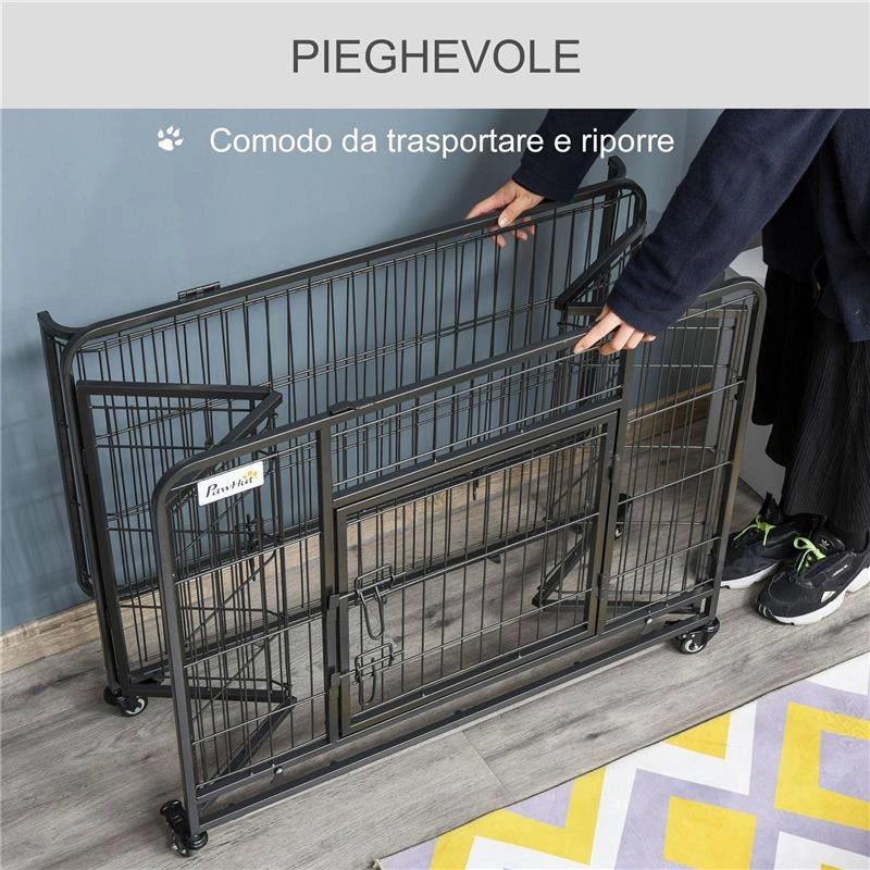 BOX GABBIA PER CANI PIEGHEVOLE PORTA CON BLOCCO 4 RUOTE FONDO RIMOVIBILE
