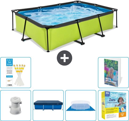 Piscina Rectangolare con Cornice Lime - 300 x 200 x 65 cm - Incluso Copertura Pompa - Copertura del Fondo - Kit di Manutenzione - 7 pezzi