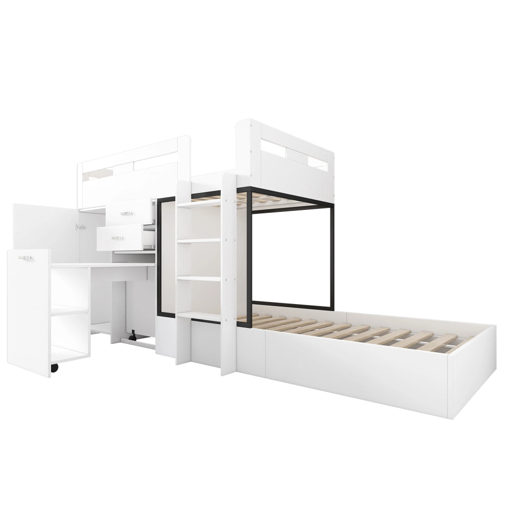 OKWISH Letto a Castello 90×200 cm, Letto Singolo con Scrivania Estraibile, Armadio, 2 Cassetti, Mensole e Scala, senza Materasso, Bianco Nero