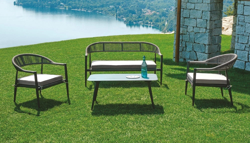 Salotto da esterno divano poltrone e tavolino in alluminio antracite, twist wicker Milano