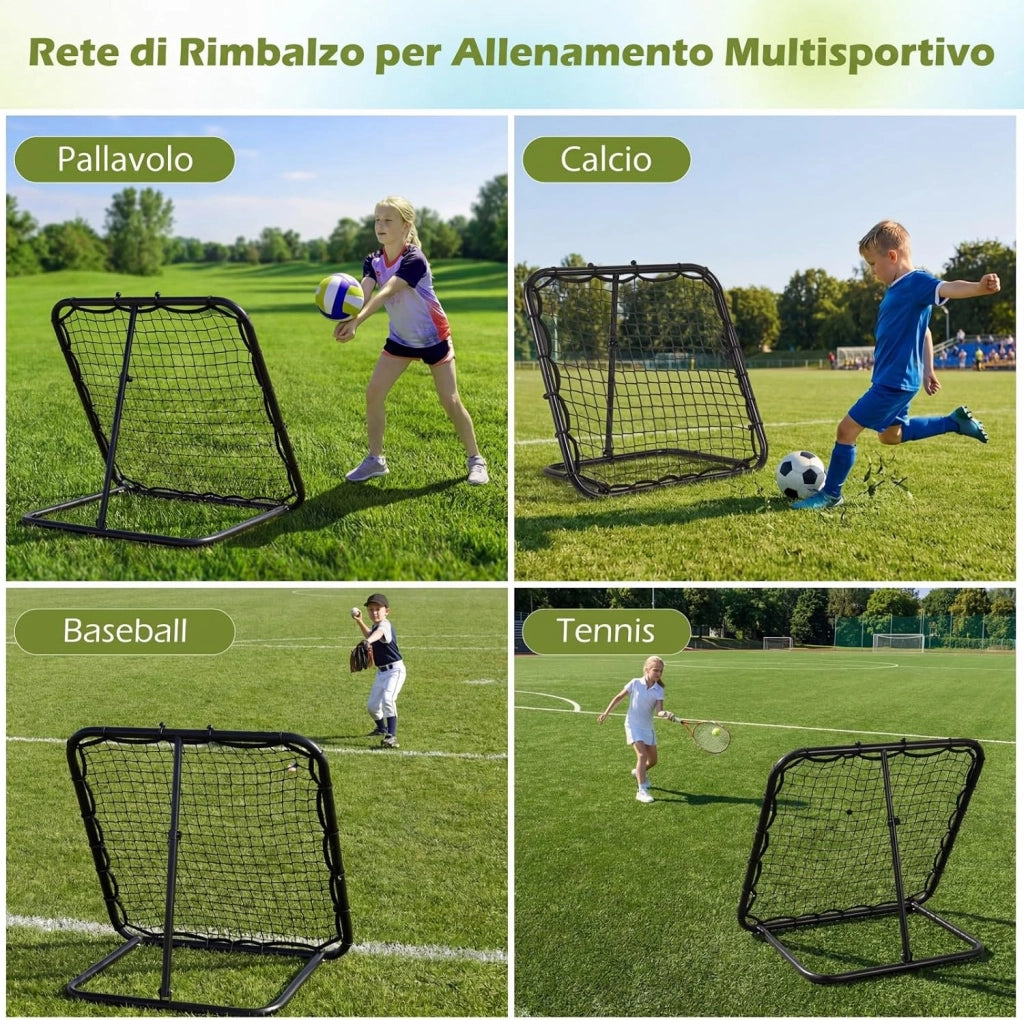 Rete Rimbalzo Calcio, Rete Calcio Rimbalzante Pieghevole da Giardino con 4 Altezze Regolabili, Telaio in Metallo e Picchetti, Porta da Calcio per Bambini, 83,5 x 52 x 77-85 cm