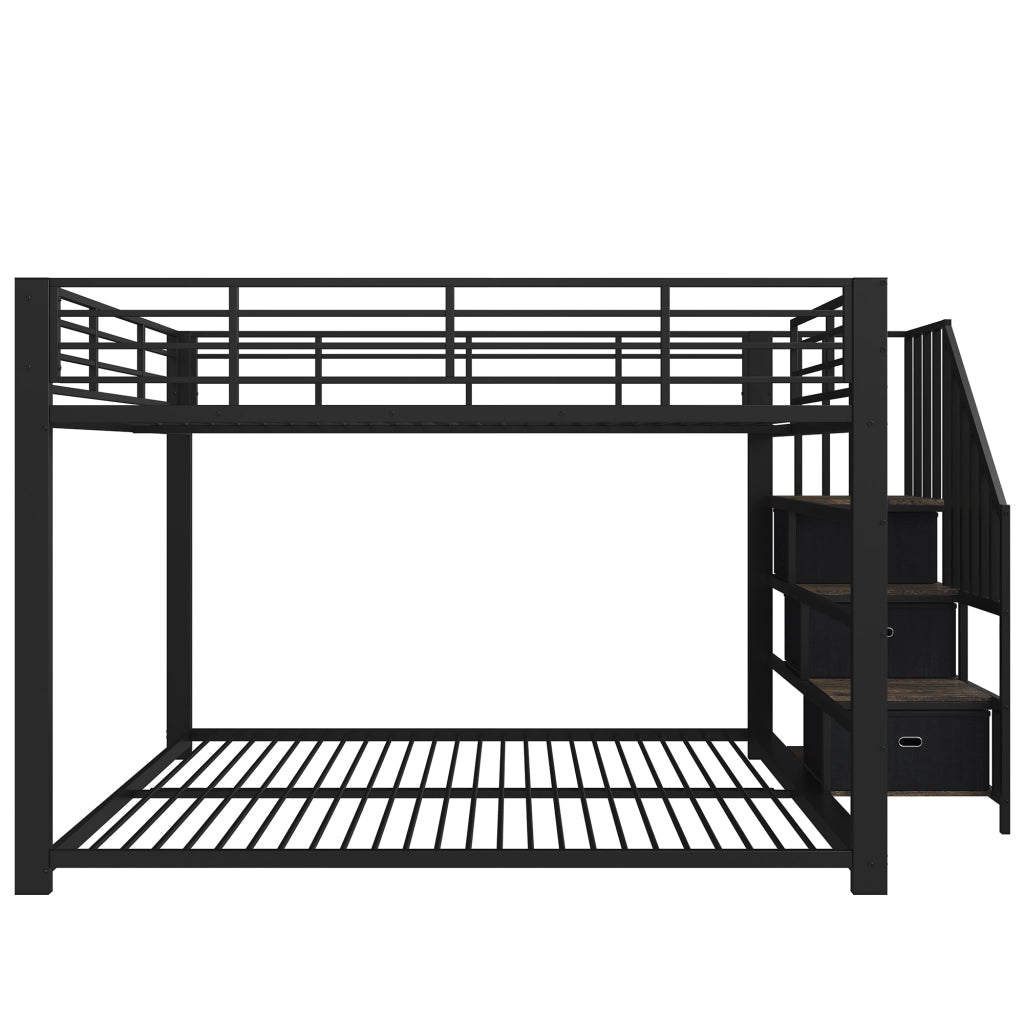 Letto a castello 140x200 cm con scala contenitore e LED in MDF e metallo nero