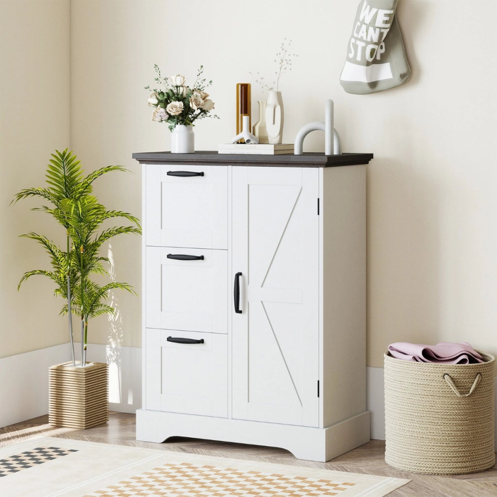 Mobile da pavimento mobile accentato rustico con porta da fienile, Mobile credenza indipendente per cucina Bianco-Armadietti da bagno