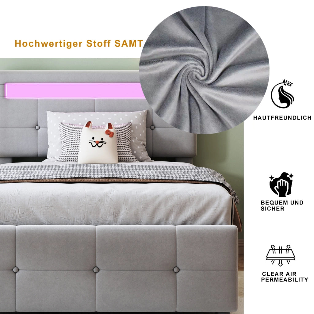Letto imbottito singolo 90x200 cm con LED; contenitore idraulico e testiera regolabile; velluto grigio