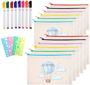 Set di sacchetti di stoffa da 12 pezzi - contenitori per cosmetici - etui di stoffa - pittura DIY - tela - chiusura a raso - 4 pennelli da pittura/8 matite colorate