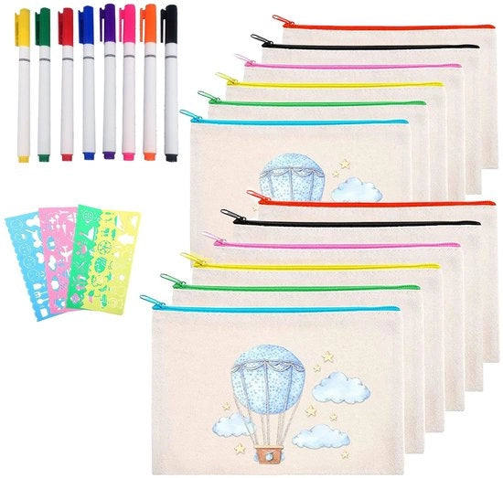 Set di sacchetti di stoffa da 12 pezzi - contenitori per cosmetici - etui di stoffa - pittura DIY - tela - chiusura a raso - 4 pennelli da pittura/8 matite colorate