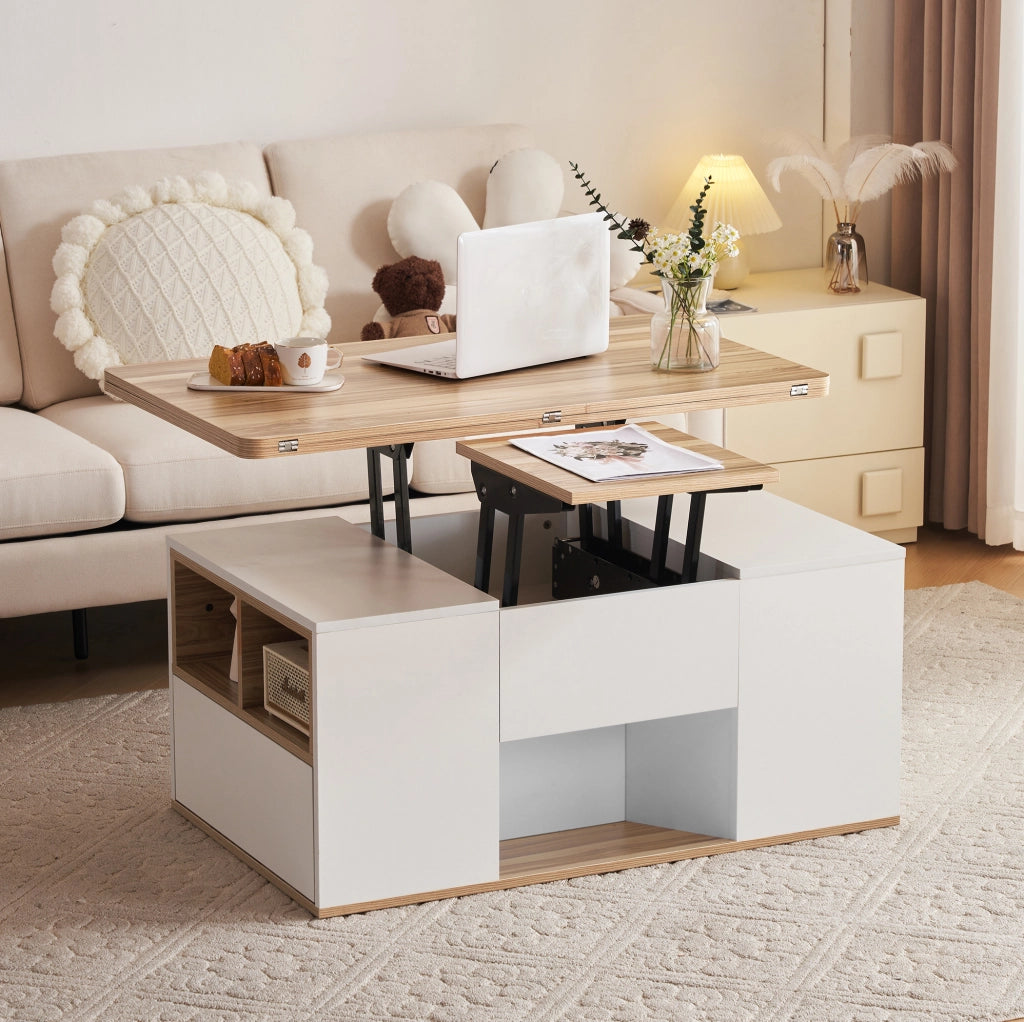Tavolino da caffè elevabile 100 cm bianco e legno con 2 cassetti