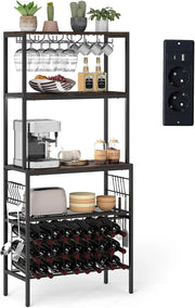 Portabottiglie da Terra per 24 Bottiglie, Cantinetta Portabottiglie Vino con Presa di Corrente, Supporto per Bicchieri, Ganci e 3 Ripiani, per Cucina, Soggiorno e Bar