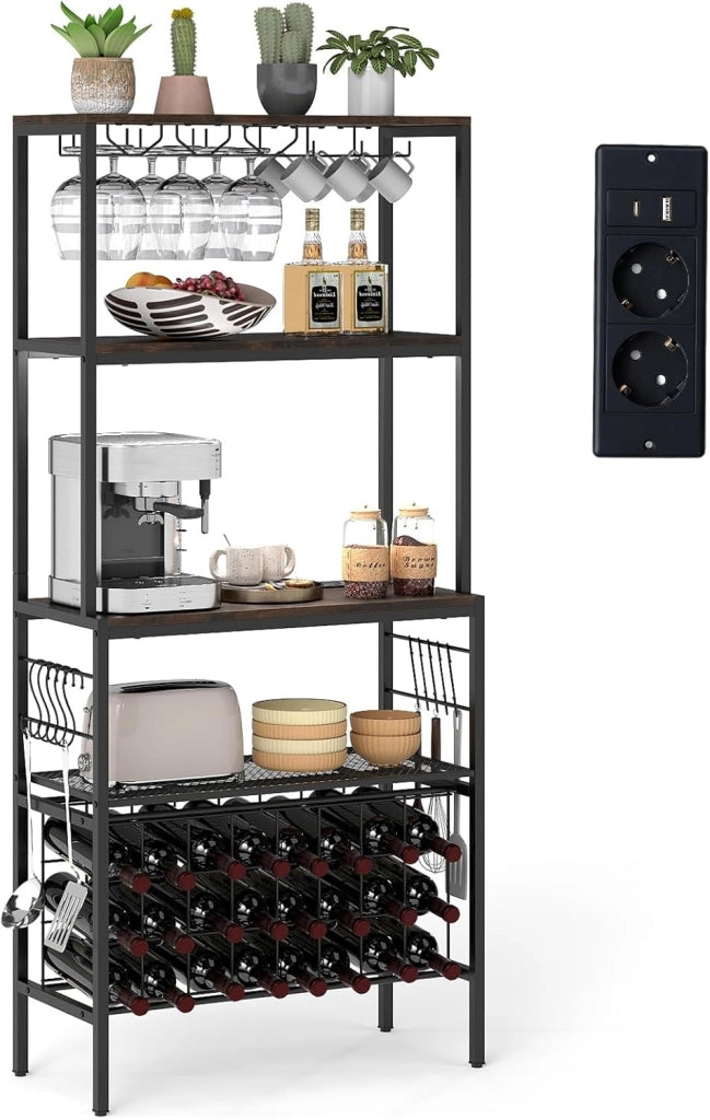 Portabottiglie da Terra per 24 Bottiglie, Cantinetta Portabottiglie Vino con Presa di Corrente, Supporto per Bicchieri, Ganci e 3 Ripiani, per Cucina, Soggiorno e Bar